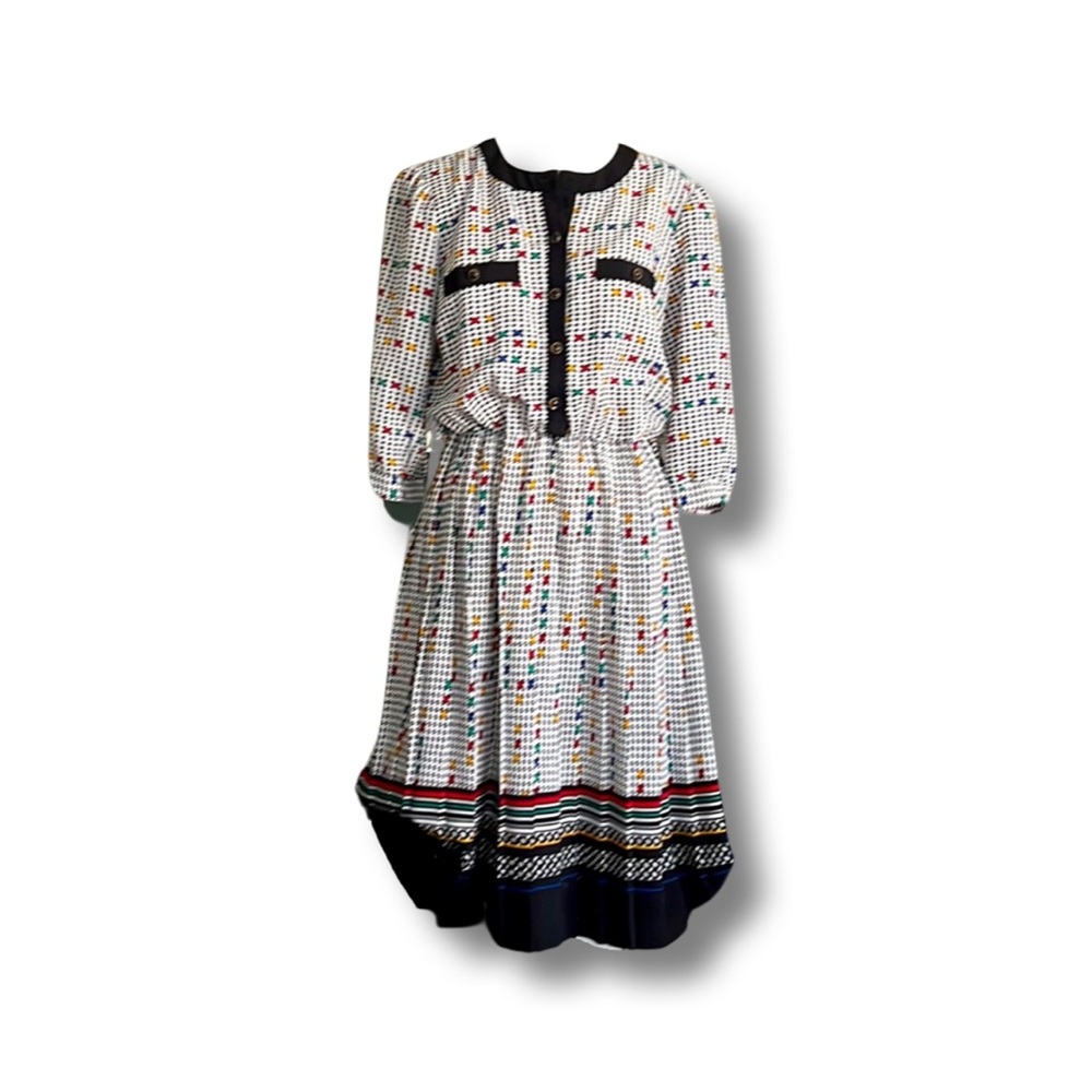 Women's Multicolor Patterned Midi Dress with Black Trim